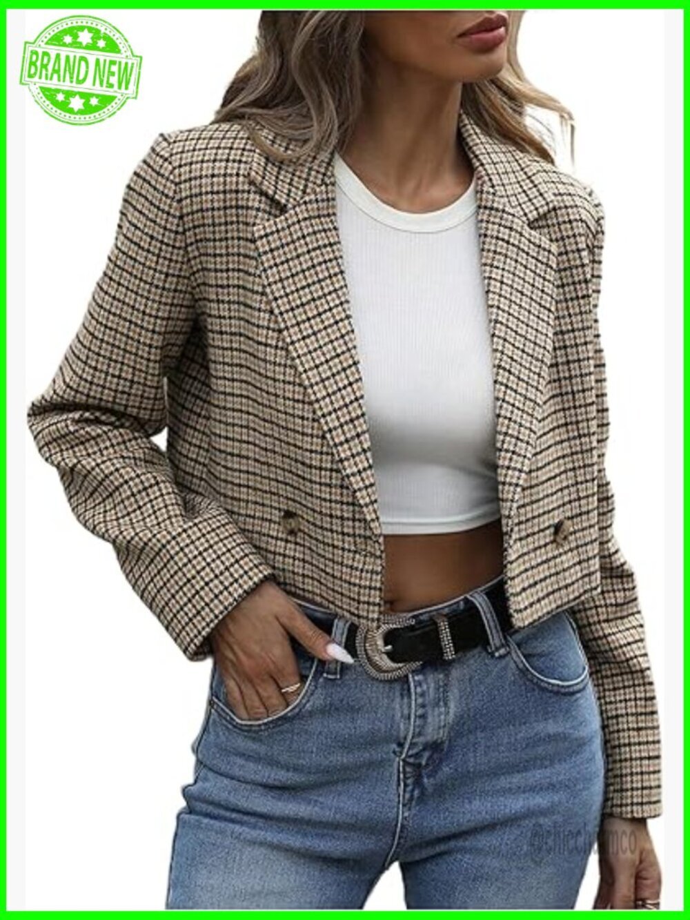 Plaid Houndstooth Cropped Blazer Button Front Work Office Jacket